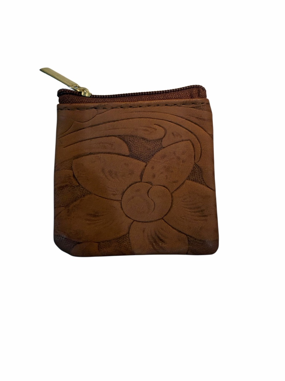 Brown Floral-Embossed Leather Coin Wallet